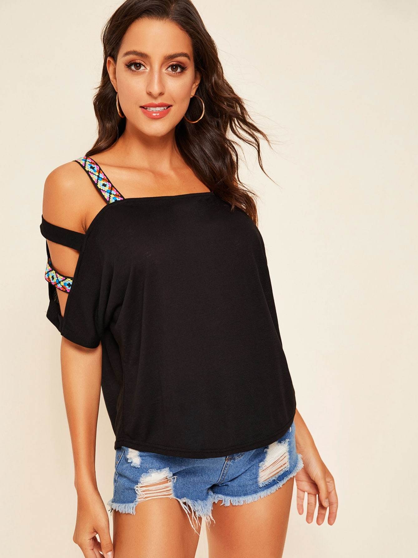 Batwing Cold Shoulder Tape Detail Top