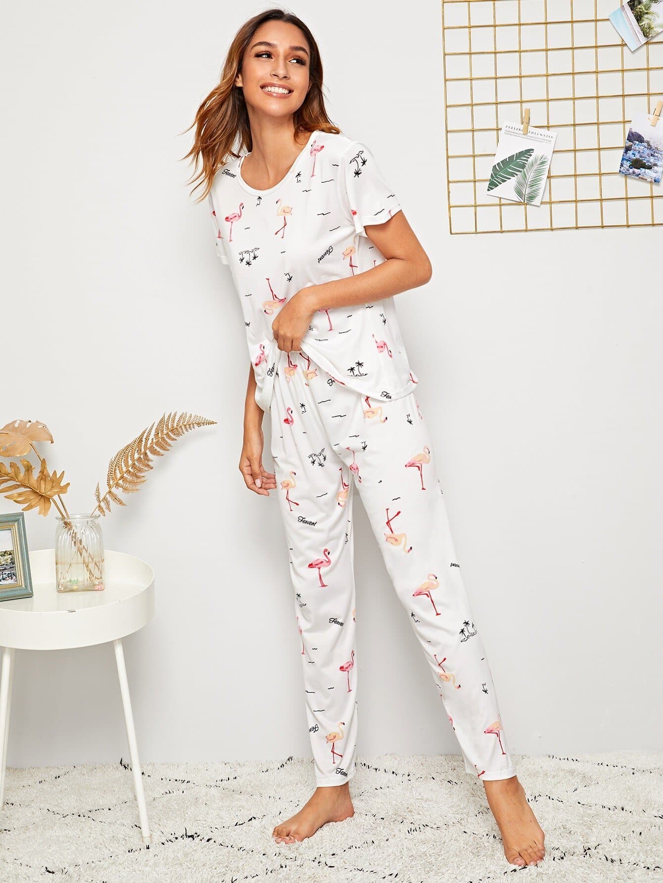 White Short Sleeve Flamingo Print Round Neck Sleepwear Set With Eye Cover
