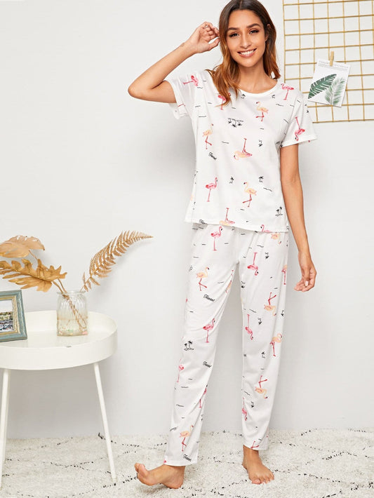 White Short Sleeve Flamingo Print Round Neck Sleepwear Set With Eye Cover