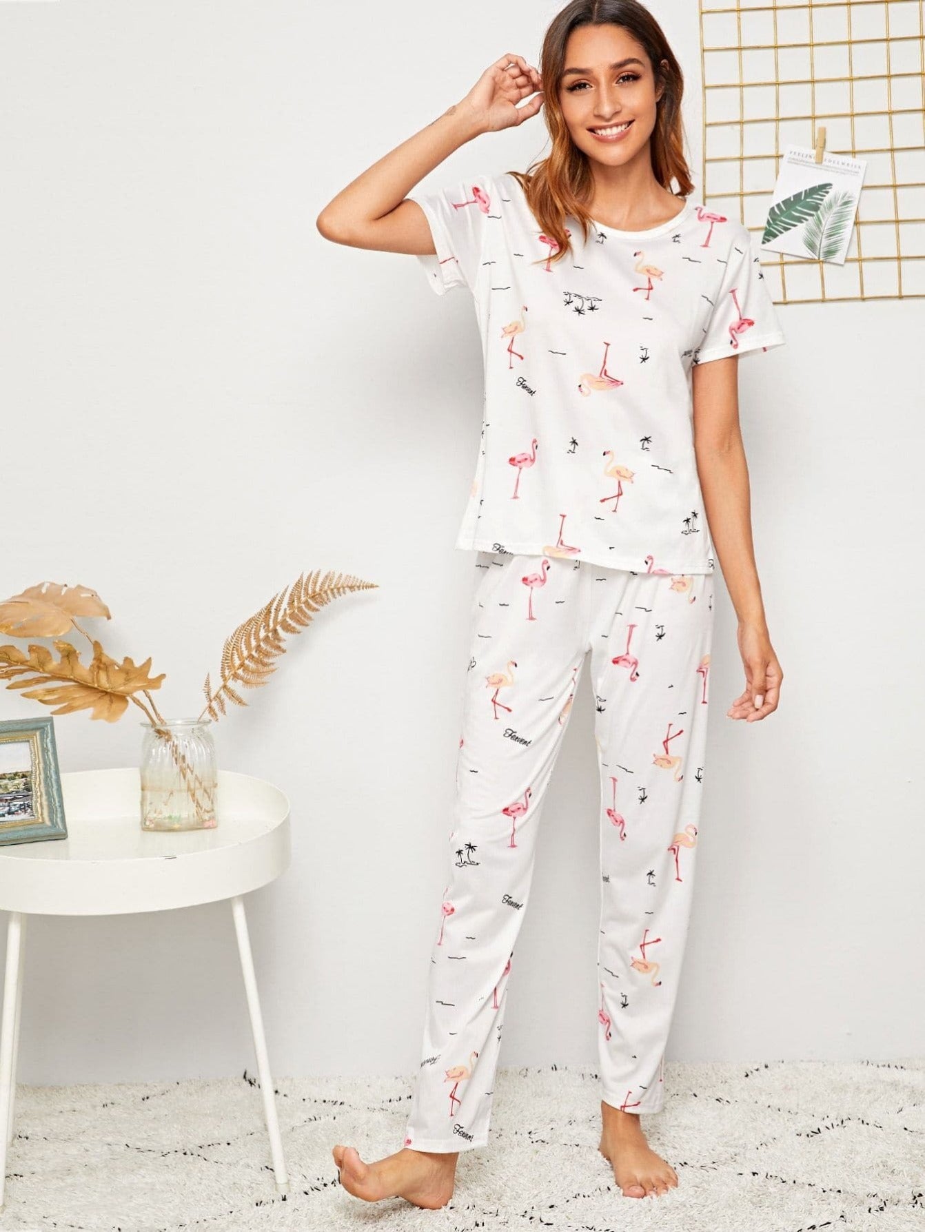 White Round Neck Flamingo Print Pyjama Sleepwear Set With Eye Cover