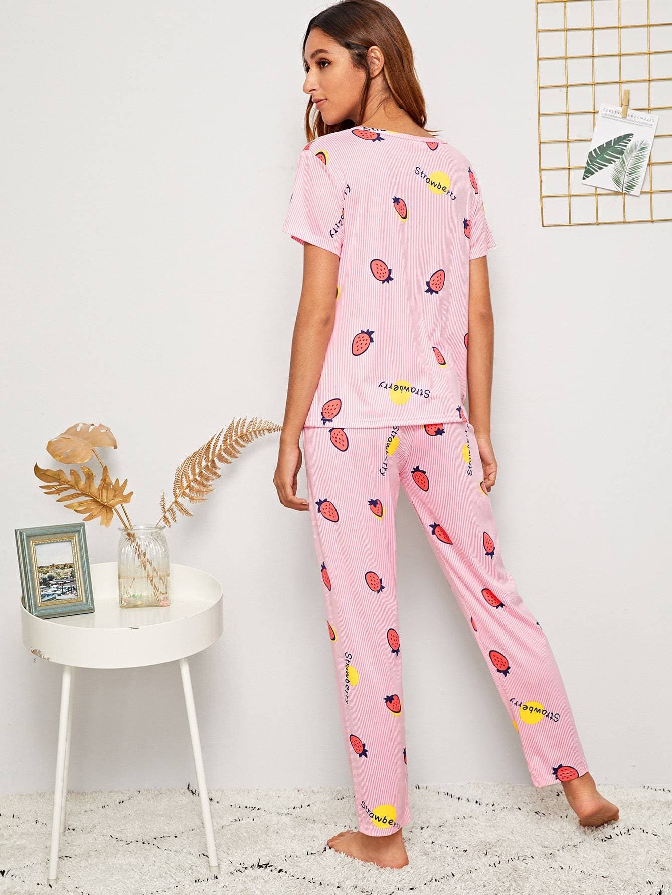 Pink Round Neck Strawberry Print Striped Pyjama Sleepwear Set With Eye Cover