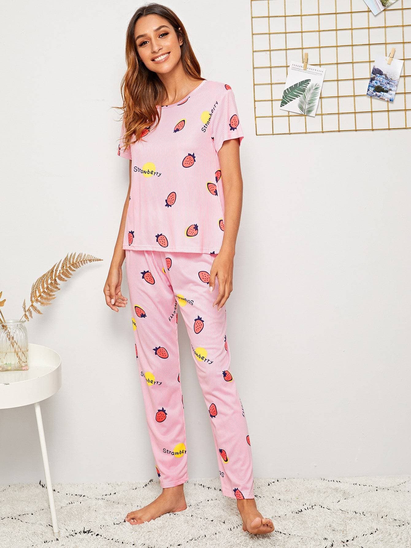 Pink Round Neck Strawberry Print Striped Pyjama Sleepwear Set With Eye Cover