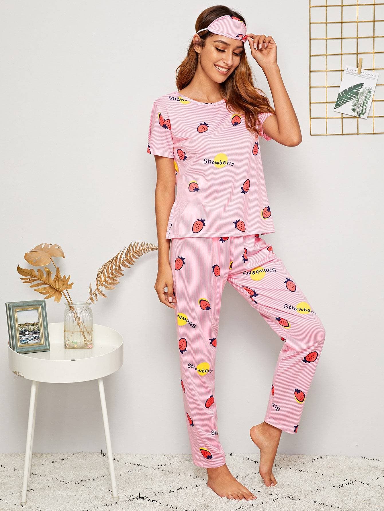 Pink Round Neck Strawberry Print Striped Pyjama Sleepwear Set With Eye Cover