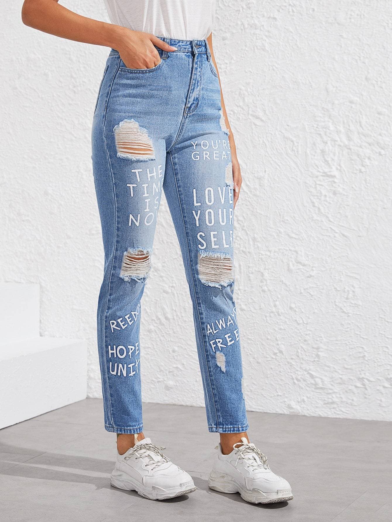 Blue Slogan Print Raw Hem Ripped Tapered Jeans