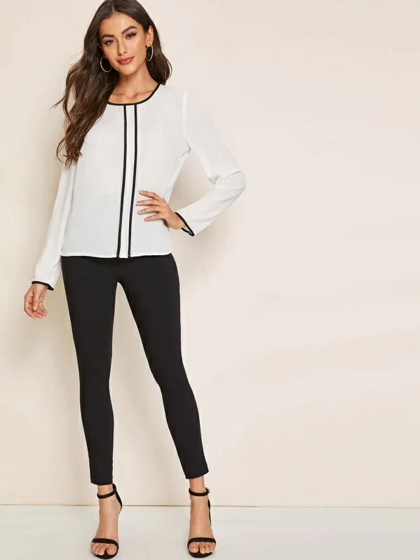 Round Neck Keyhole Back Contrast Binding Top
