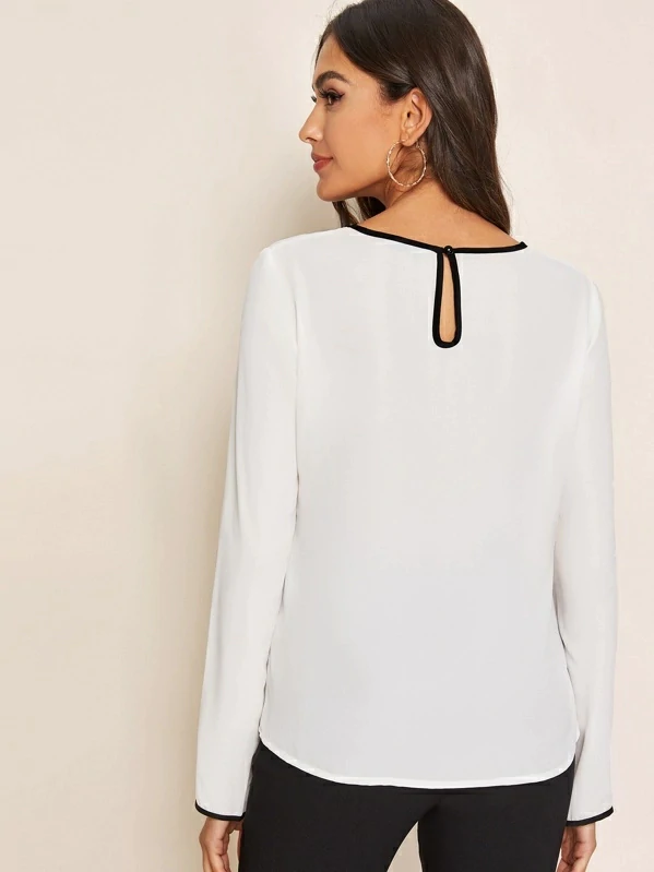 Round Neck Keyhole Back Contrast Binding Top