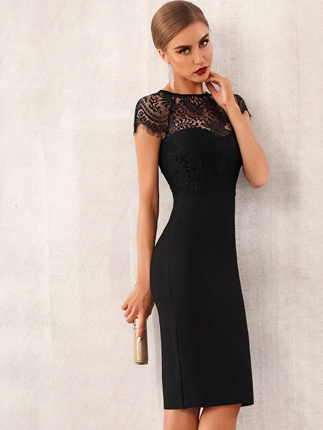 Black Round Neck Lace Yoke Slit Hem Midi Pencil Dress