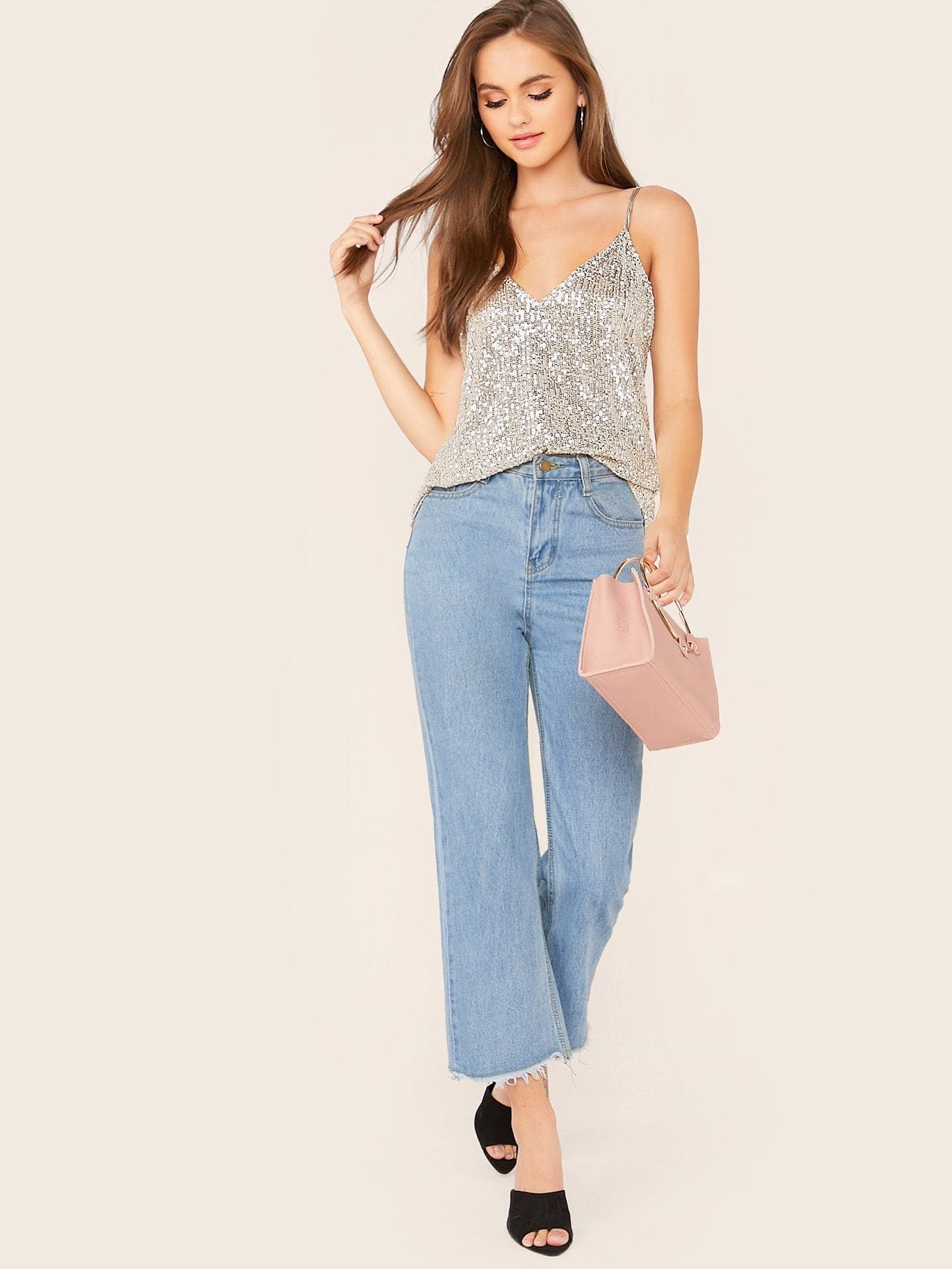 Grey Silver Spaghetti Strap V-Neck Sequin Cami Tank Top