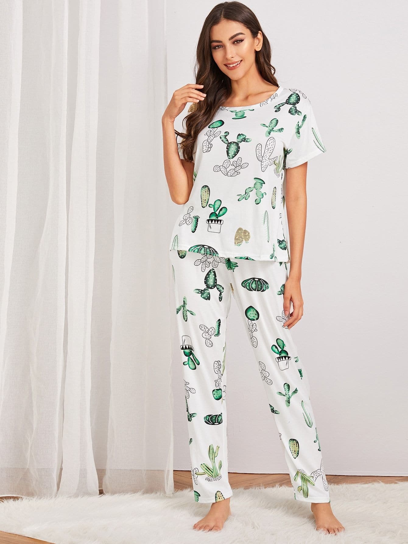 Round Neck Cactus Print Pyjama Set With Eye Mask