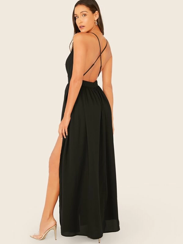 Sleeveless Crisscross Open Back High Split Halter Dress