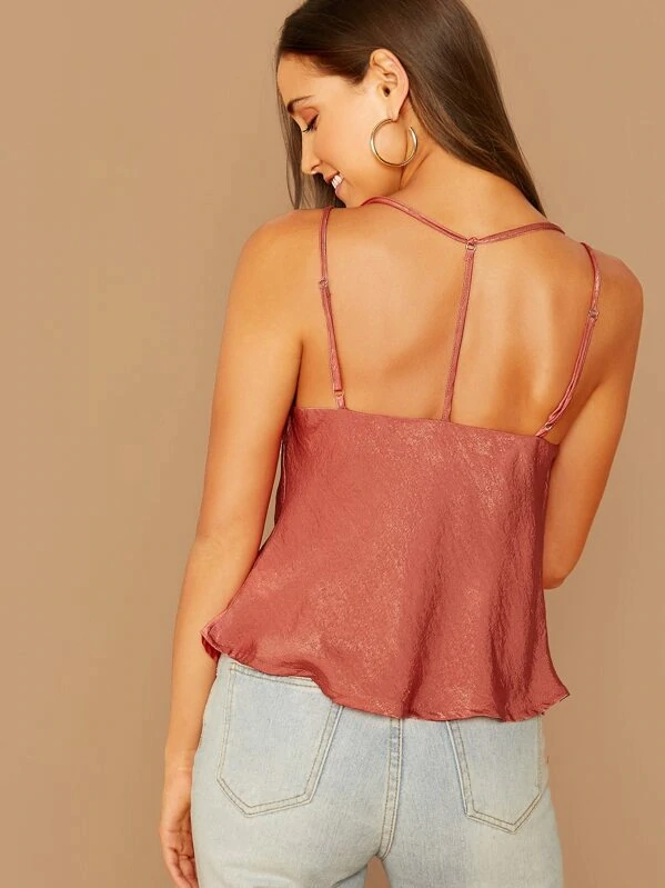 Spaghetti Strap Draped Neck Cut-out Back Satin Cami Top