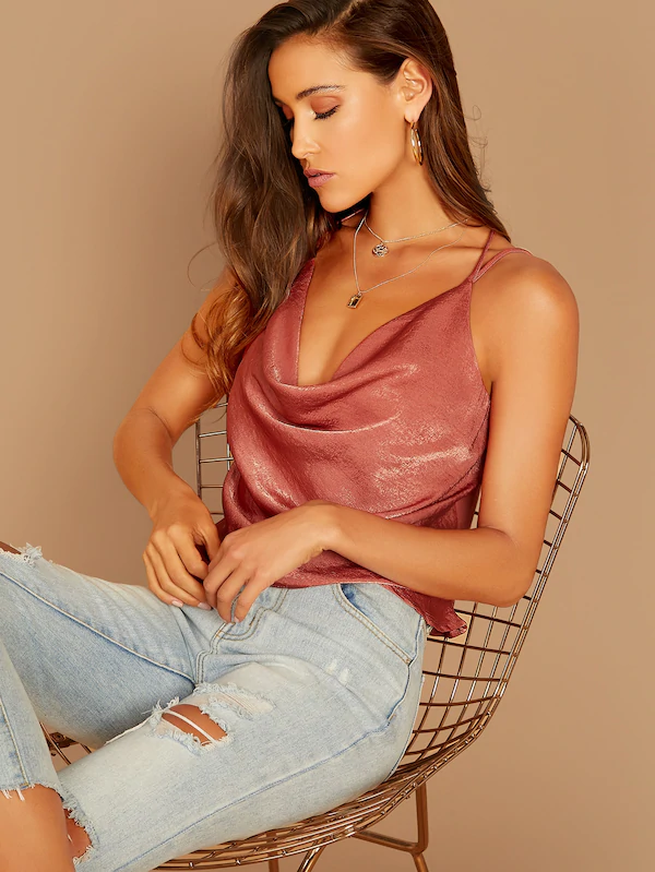 Spaghetti Strap Draped Neck Cut-out Back Satin Cami Top