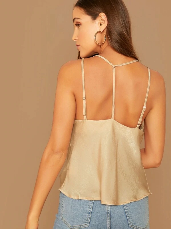 Spaghetti Strap Draped Neck Cut-out Back Satin Cami Top