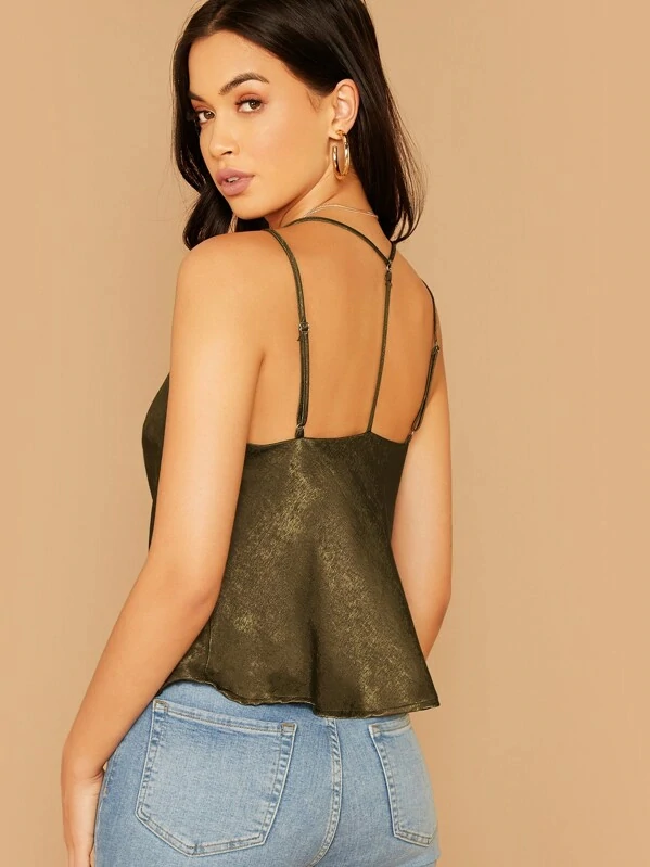 Spaghetti Strap Draped Neck Cut-out Back Satin Cami Top