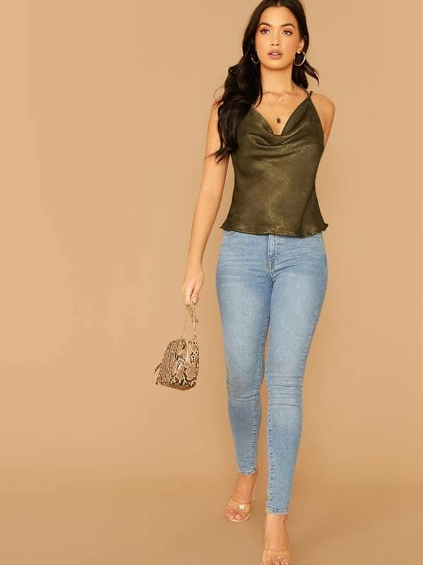 Spaghetti Strap Draped Neck Cut-out Back Satin Cami Top