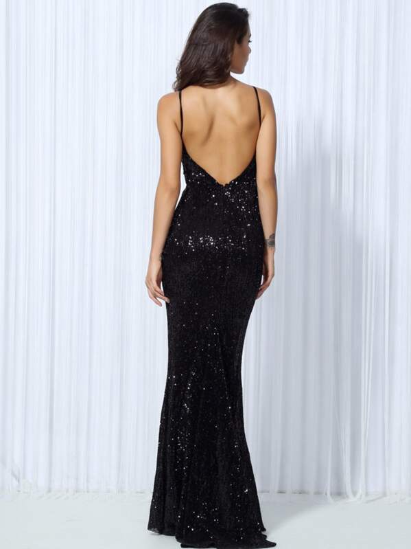 Deep V-Neck Spaghetti Strap Sleeveless Backless Fishtail Hem Sequin Cami Prom Dress