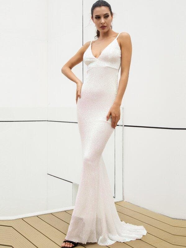 Deep V-Neck Spaghetti Strap Sleeveless Backless Fishtail Hem Sequin Cami Prom Dress