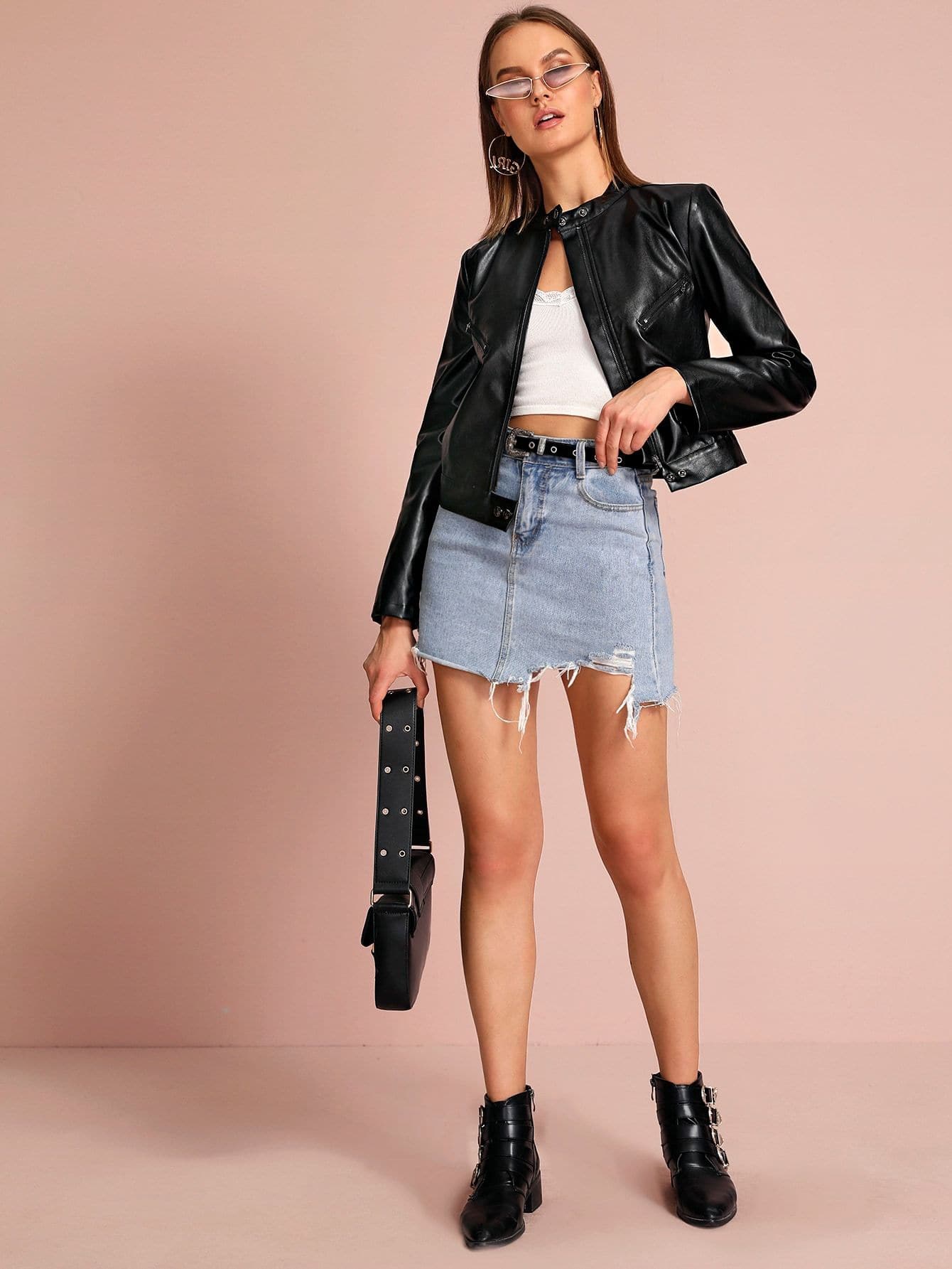 Black Buttoned Stand Collar PU Leather Zip Up Biker Jacket
