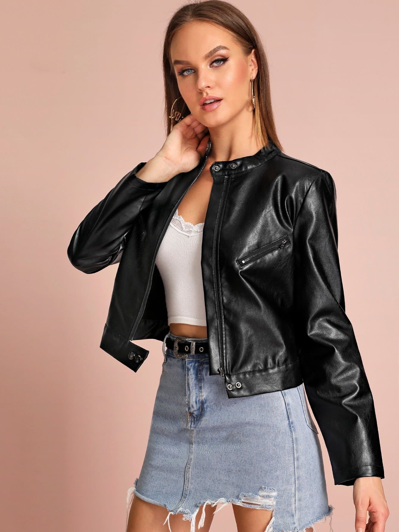 Black Buttoned Stand Collar PU Leather Zip Up Biker Jacket