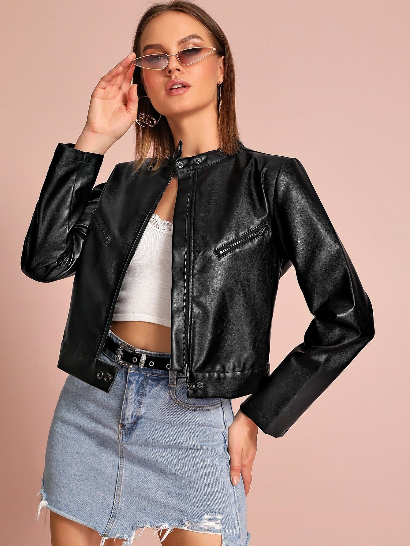 Black Buttoned Stand Collar PU Leather Zip Up Biker Jacket