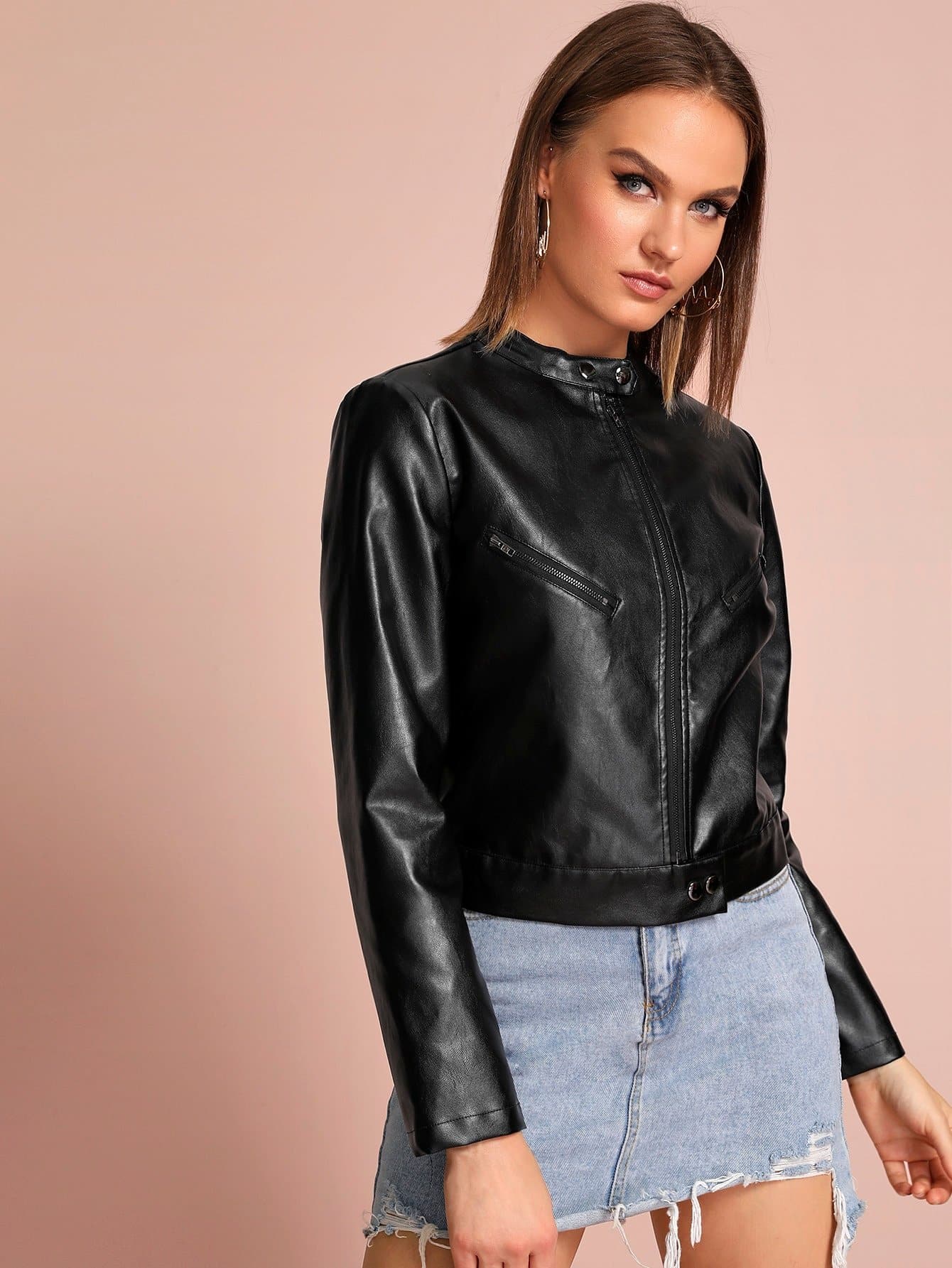 Black Buttoned Stand Collar PU Leather Zip Up Biker Jacket