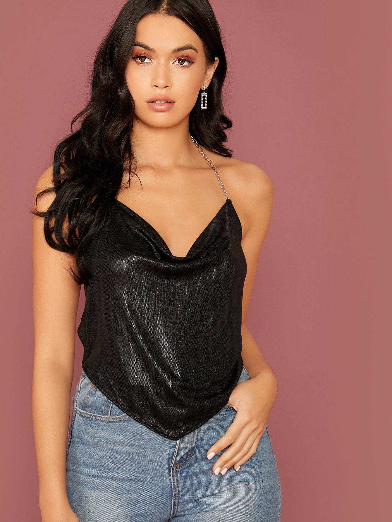 Black Open Back Chain Strap Glitter Halter Top