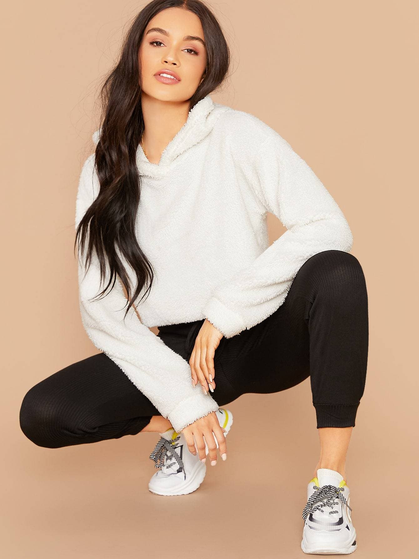 Oversized Drop Shoulder Crop Teddy Hoodie Pullover - White