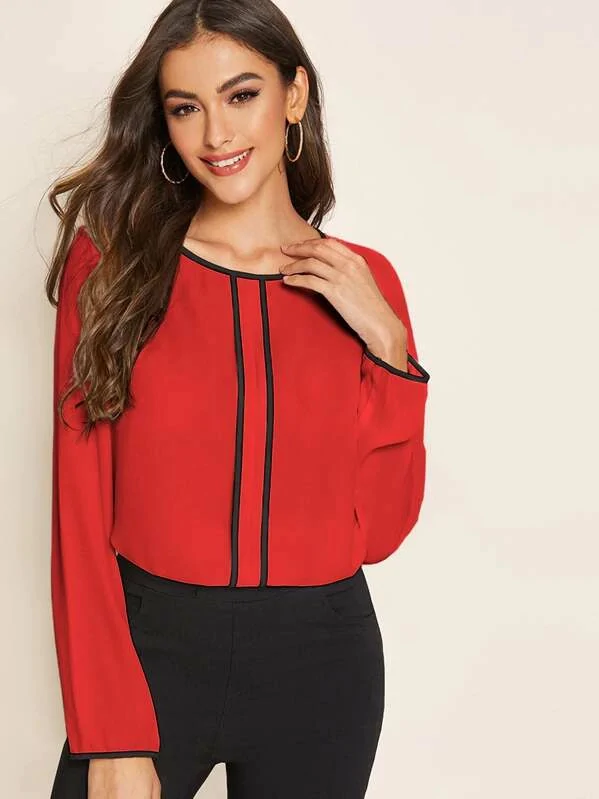 Round Neck Keyhole Back Contrast Binding Top