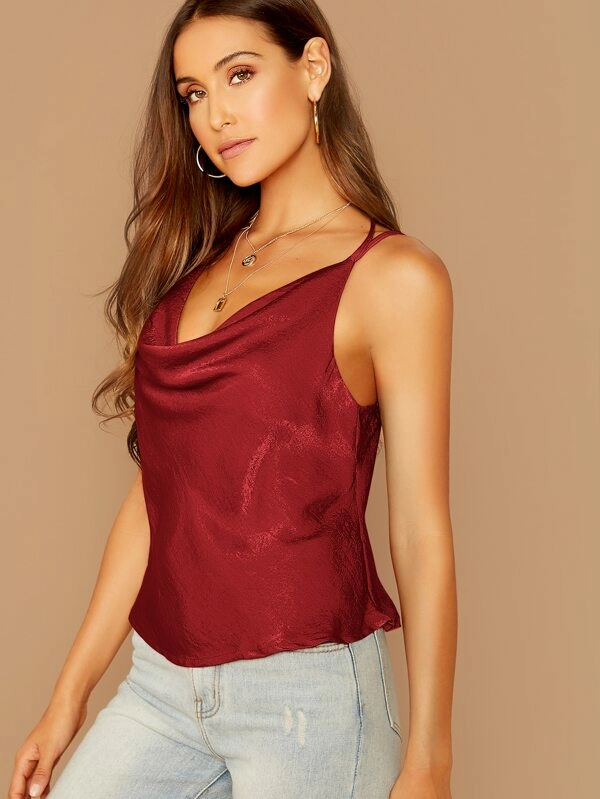 Spaghetti Strap Draped Neck Cut-out Back Satin Cami Top