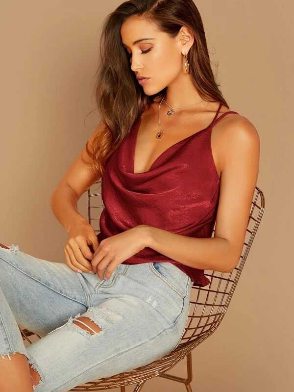 Spaghetti Strap Draped Neck Cut-out Back Satin Cami Top