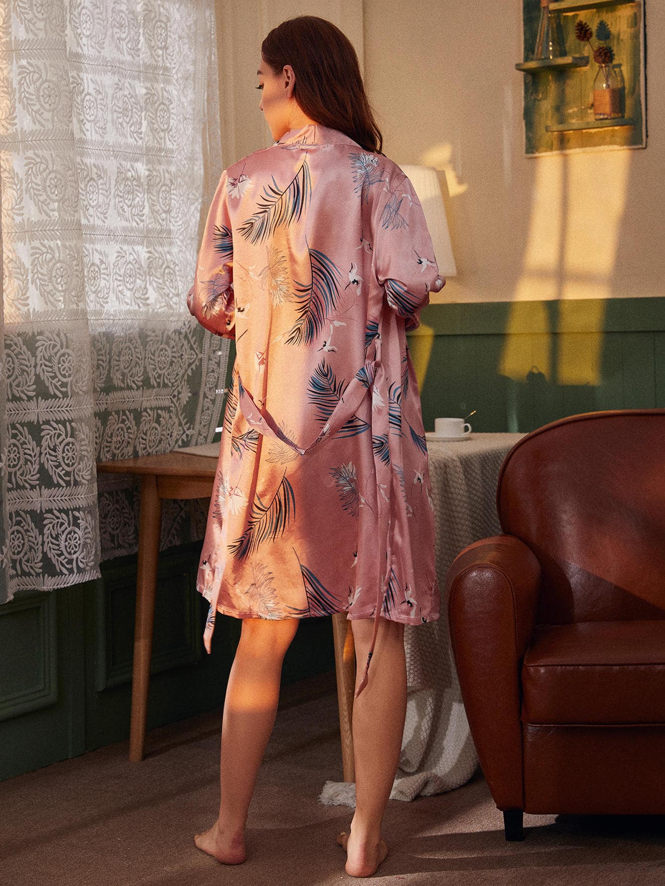 Dusty Pink Crane Print Belted Satin Robe