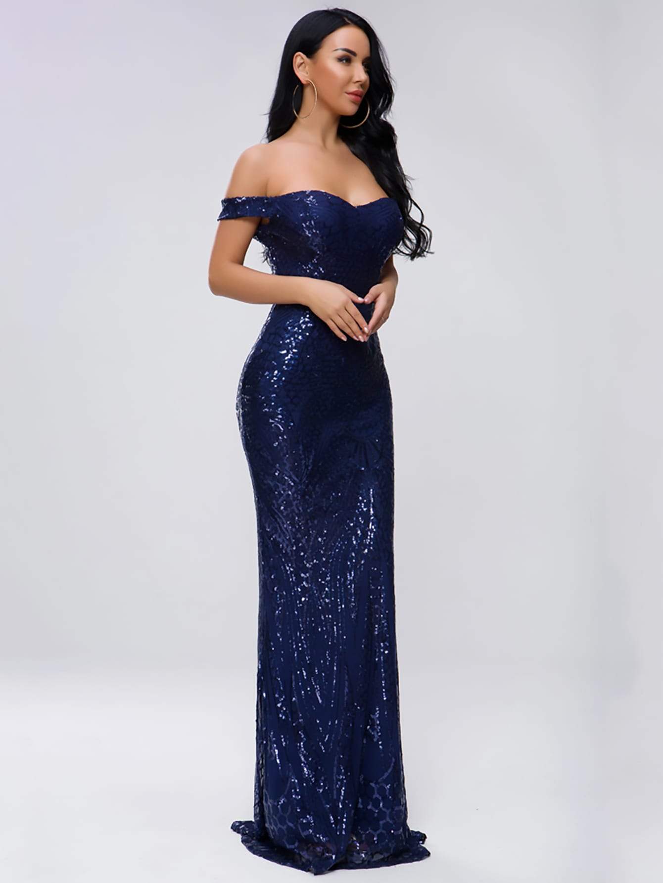 Zip Back Mermaid Hem Bardot Sequin Slim Fit Prom Dress