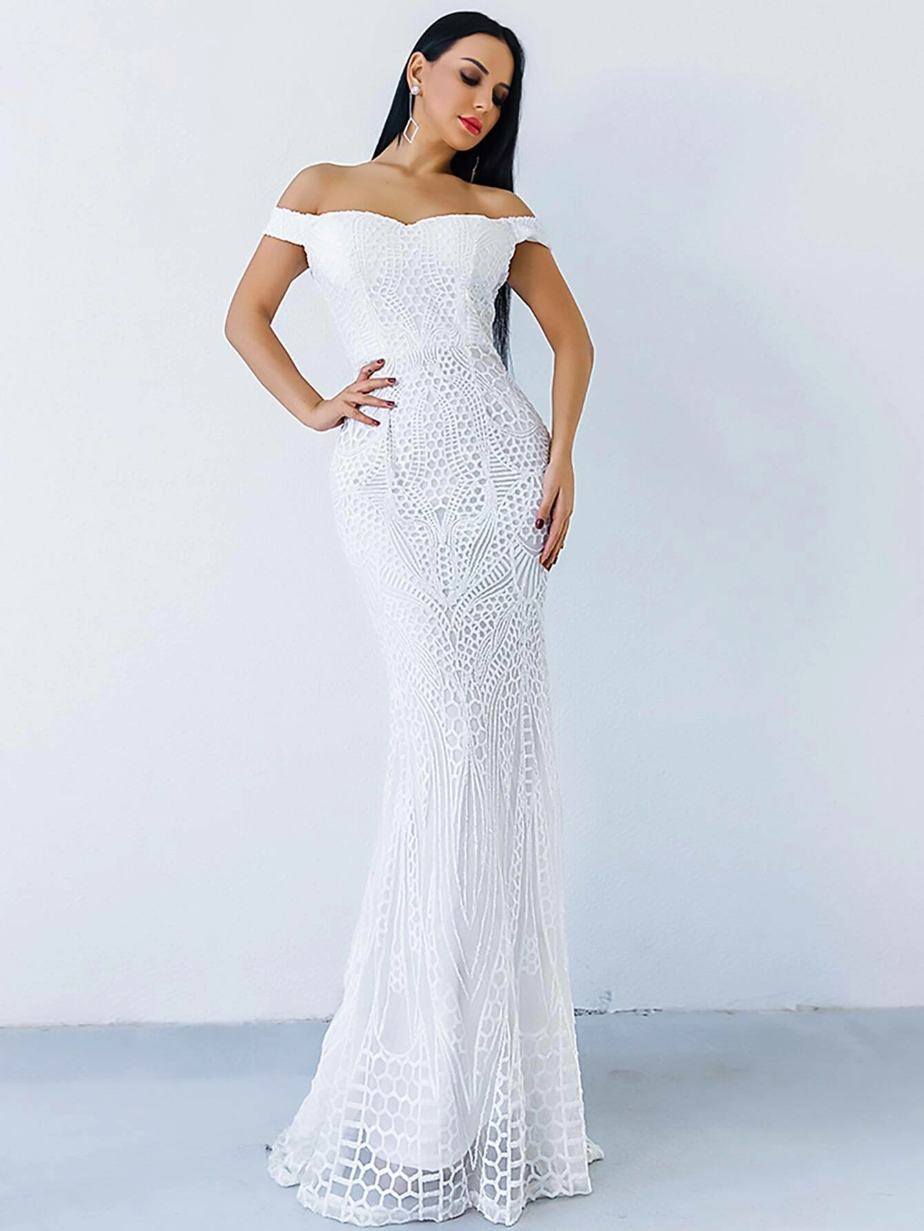 Zip Back Mermaid Hem Bardot Sequin Slim Fit Prom Dress