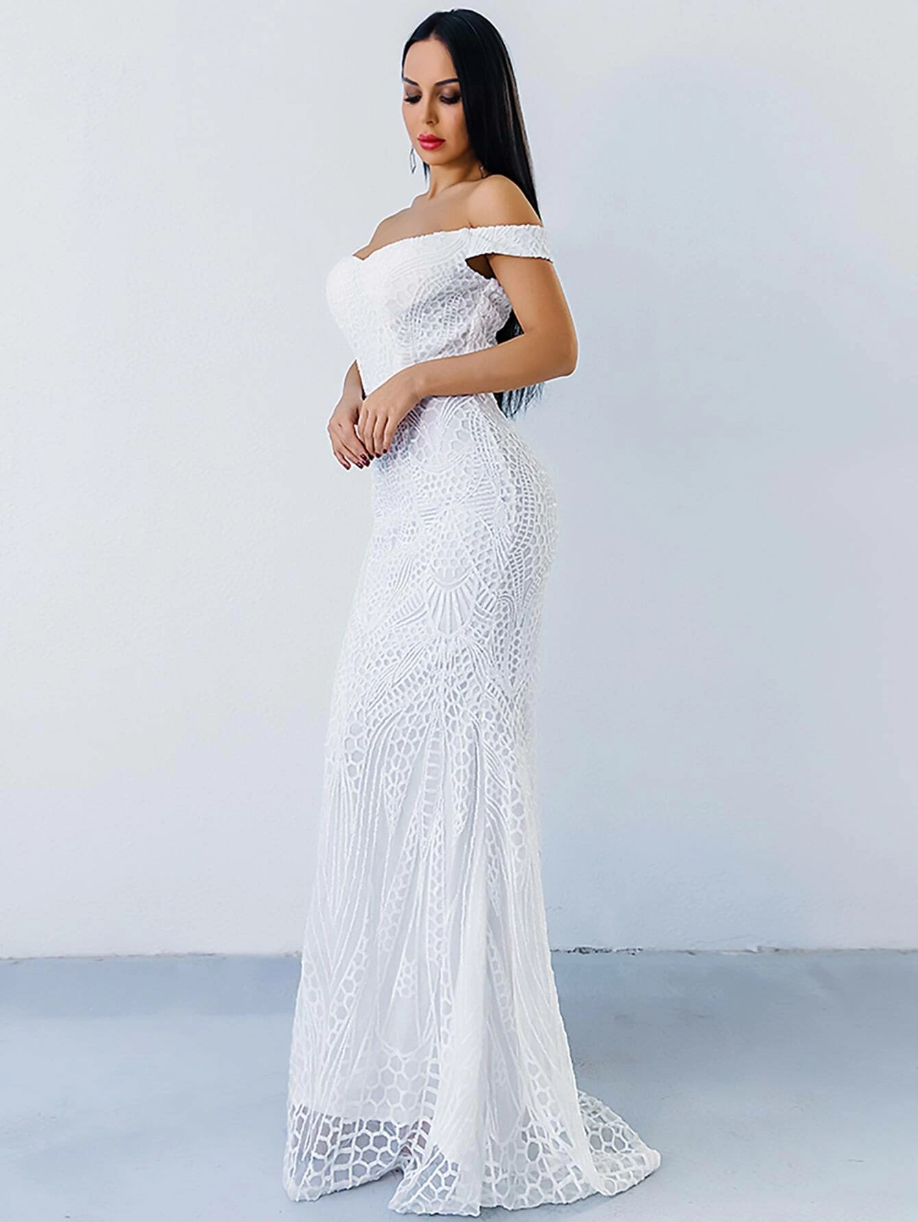 Zip Back Mermaid Hem Bardot Sequin Slim Fit Prom Dress