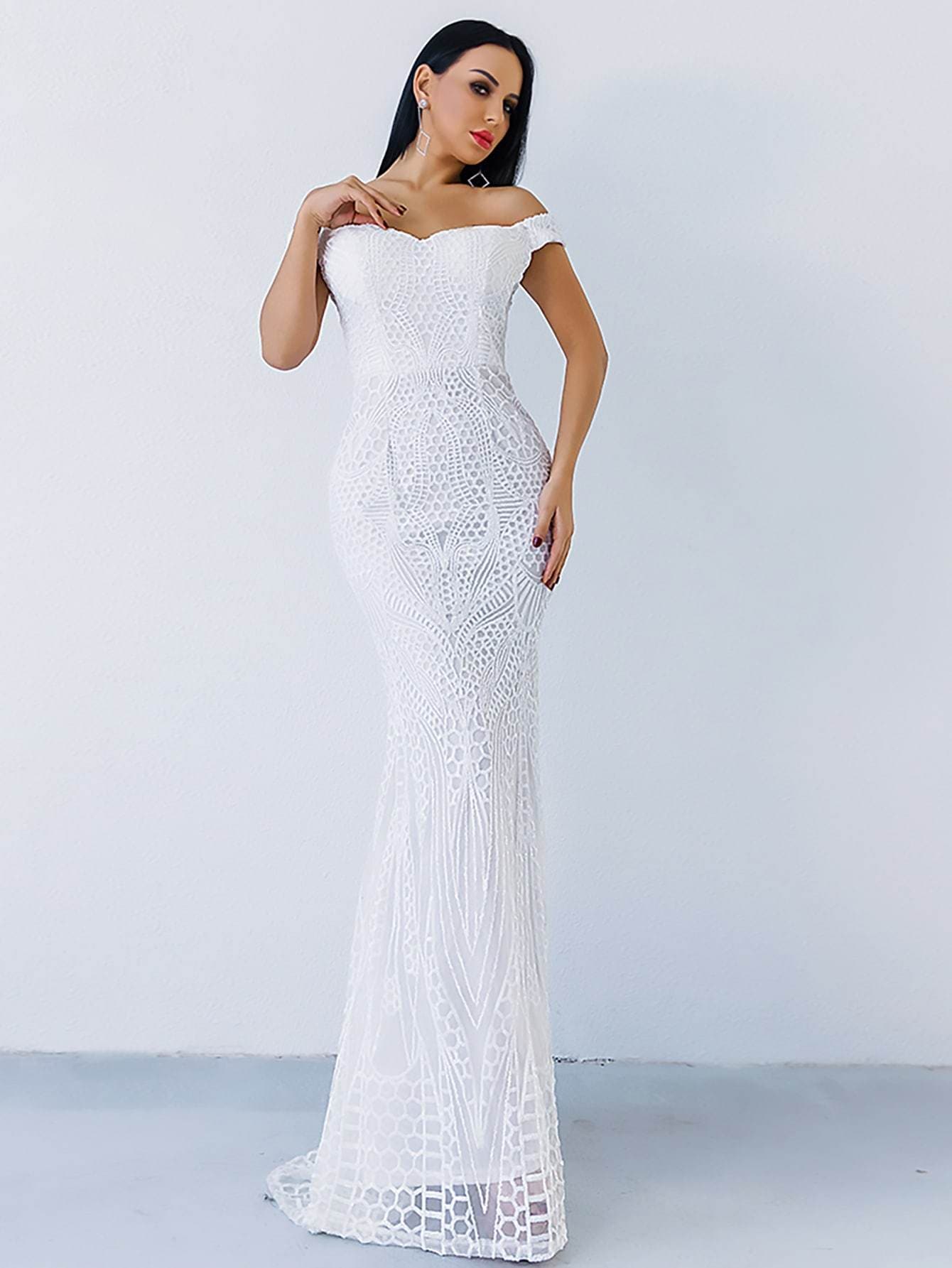 Zip Back Mermaid Hem Bardot Sequin Slim Fit Prom Dress Wear.Style Zip Back Mermaid Hem Bardot Sequin Slim Fit Prom Dress Wear.Style