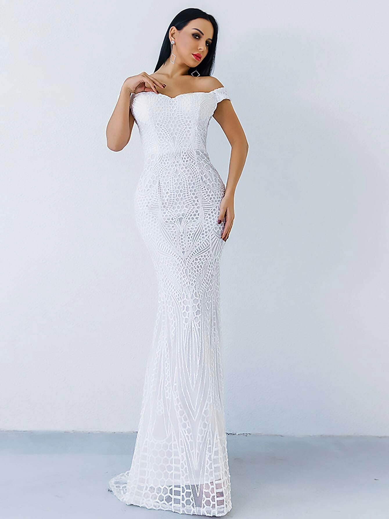 Zip Back Mermaid Hem Bardot Sequin Slim Fit Prom Dress