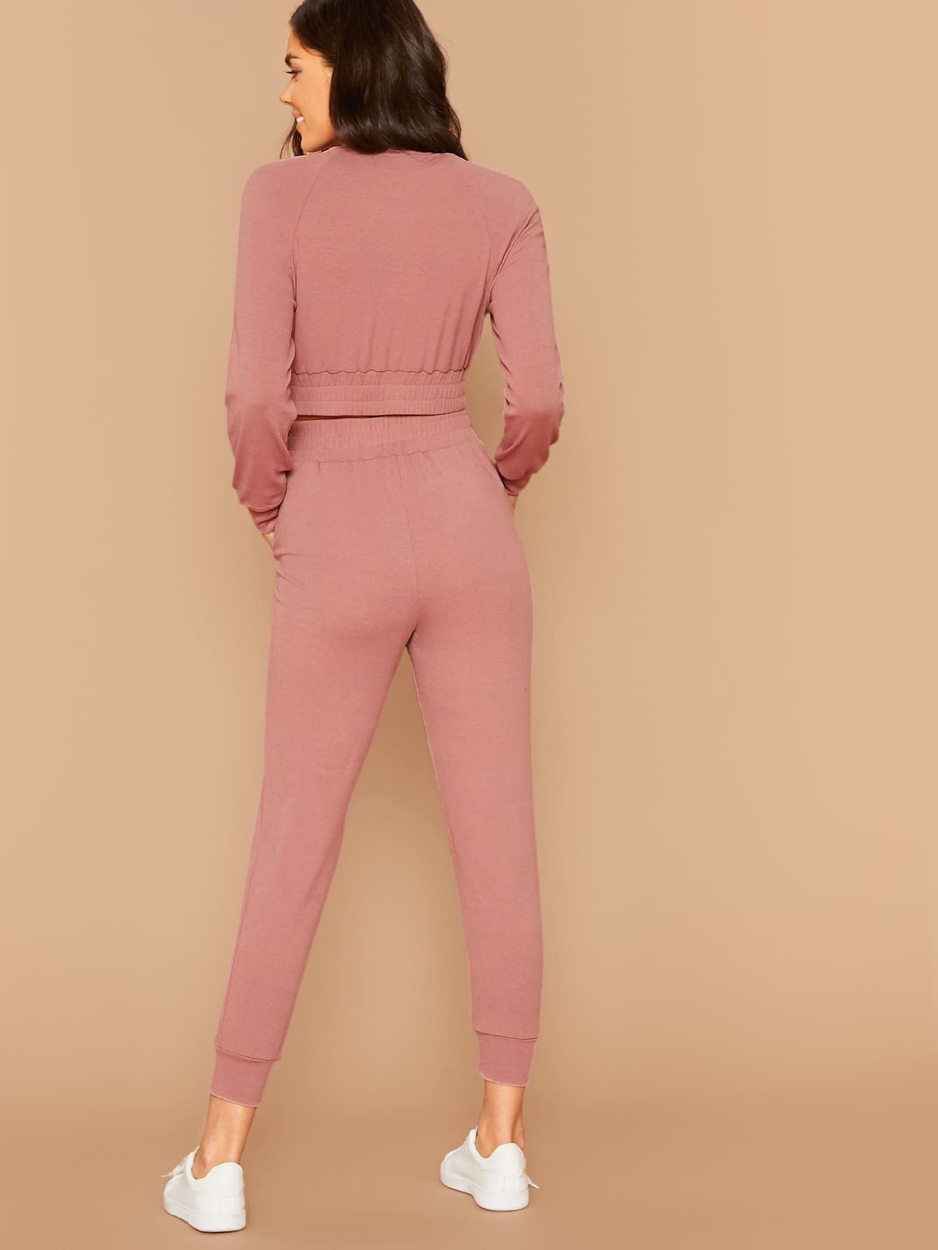 Pastel Pink Stand Collar Raglan Sleeve Bomber Jacket & Joggers Set