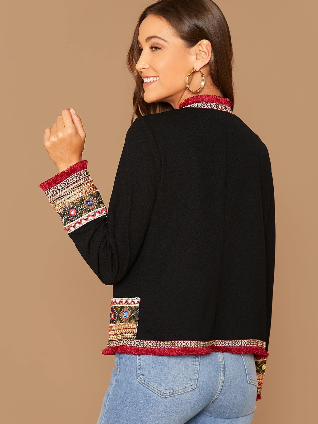 Black Frayed Trim Tribal Jacquard Jacket
