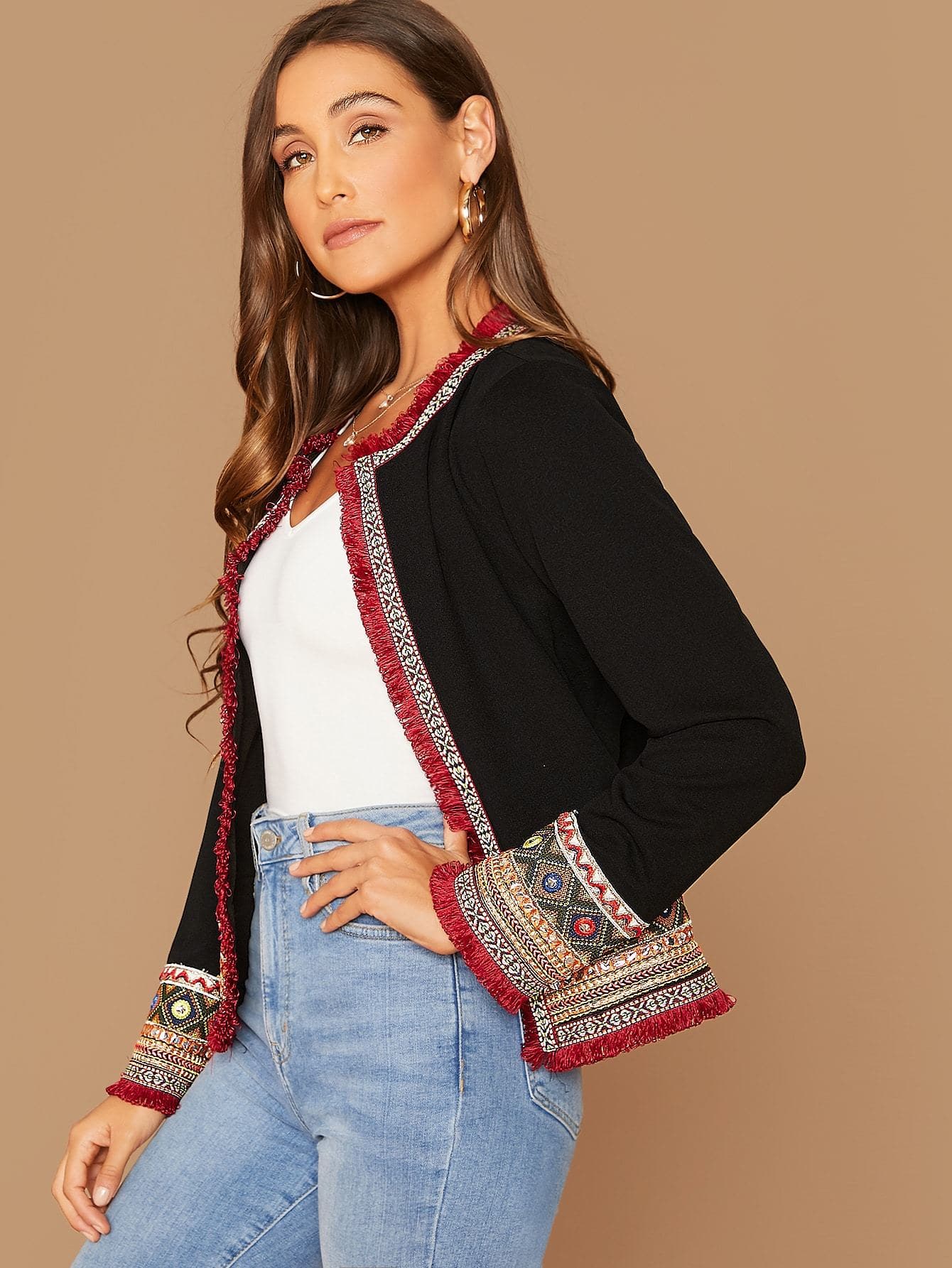 Black Frayed Trim Tribal Jacquard Jacket