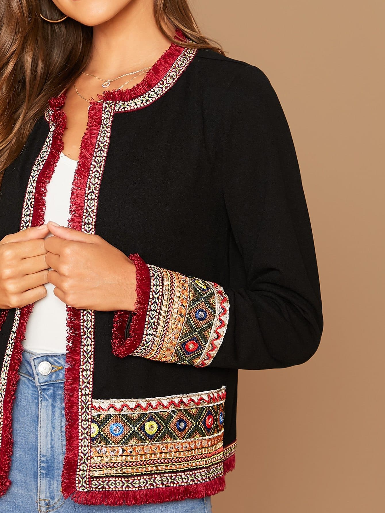 Black Frayed Trim Tribal Jacquard Jacket