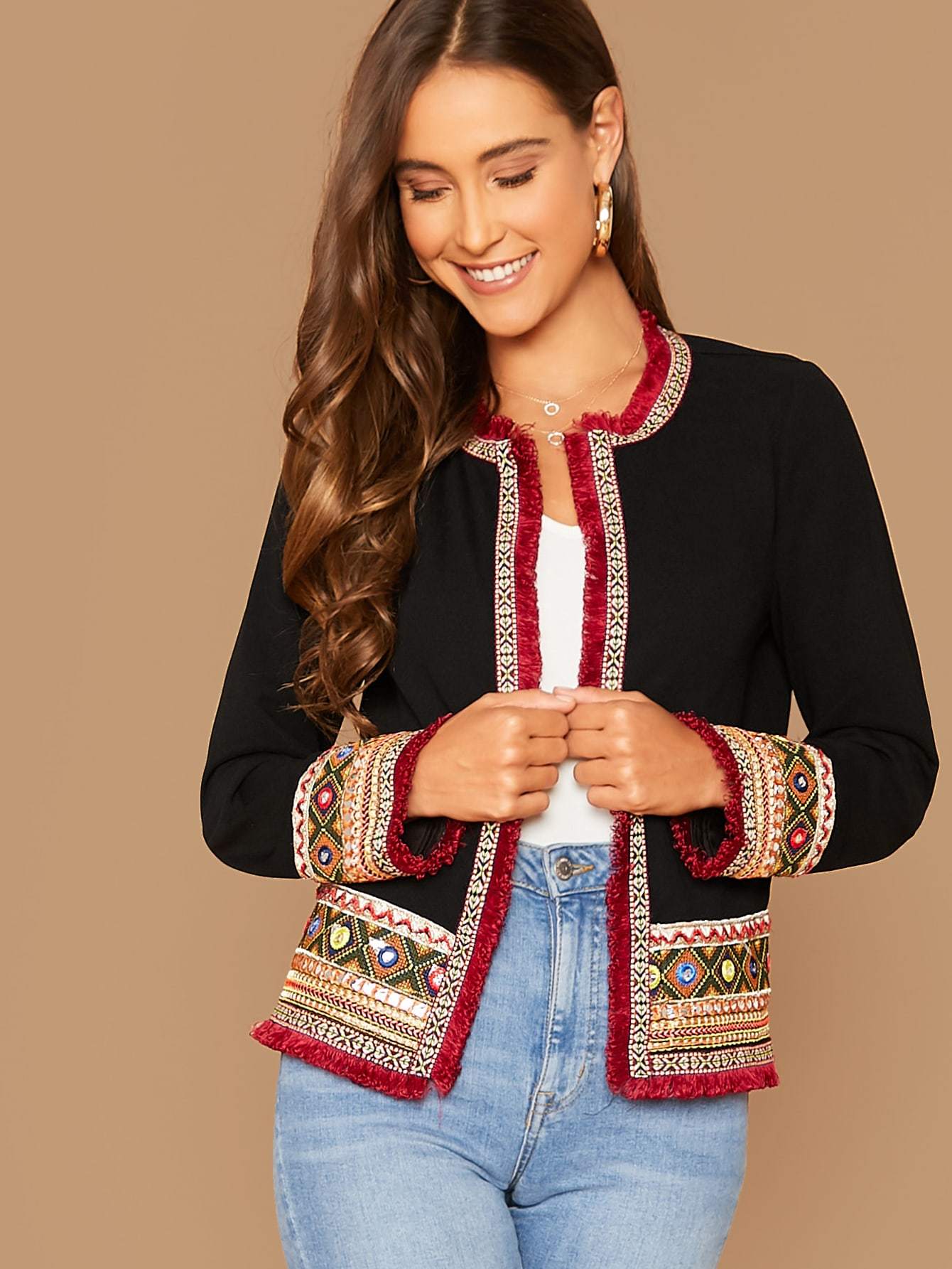 Black Frayed Trim Tribal Jacquard Jacket