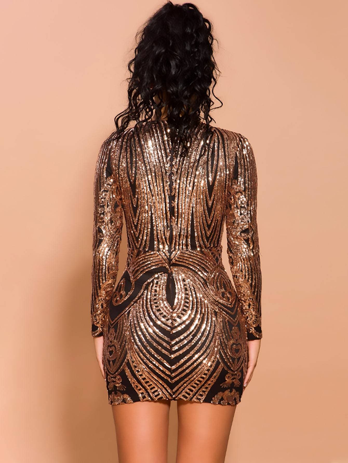 Brown Round Neck Zip Detail Sequin Bodycon Mini Dress
