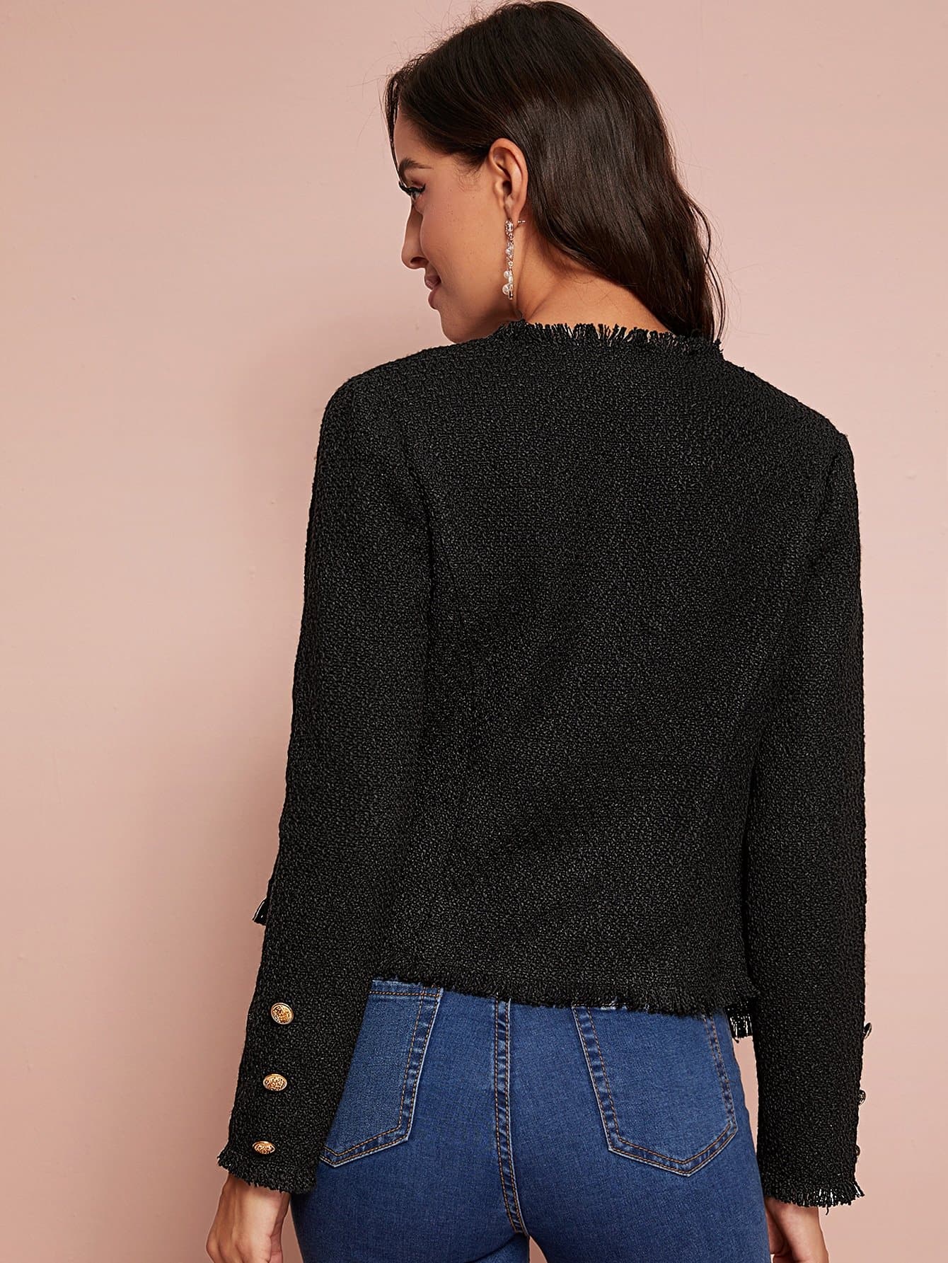 Black Round Neck Frayed Edge Zip Up Tweed Slim Fit Jacket