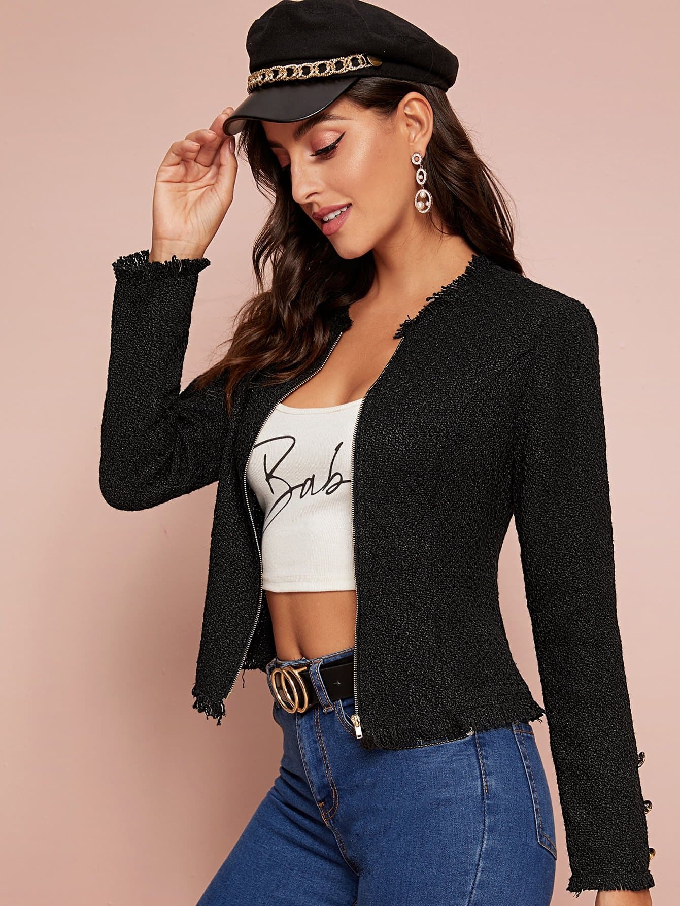 Black Round Neck Frayed Edge Zip Up Tweed Slim Fit Jacket