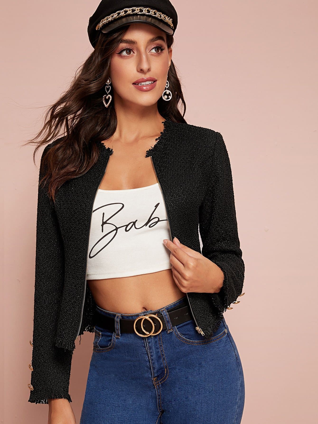 Black Round Neck Frayed Edge Zip Up Tweed Slim Fit Jacket