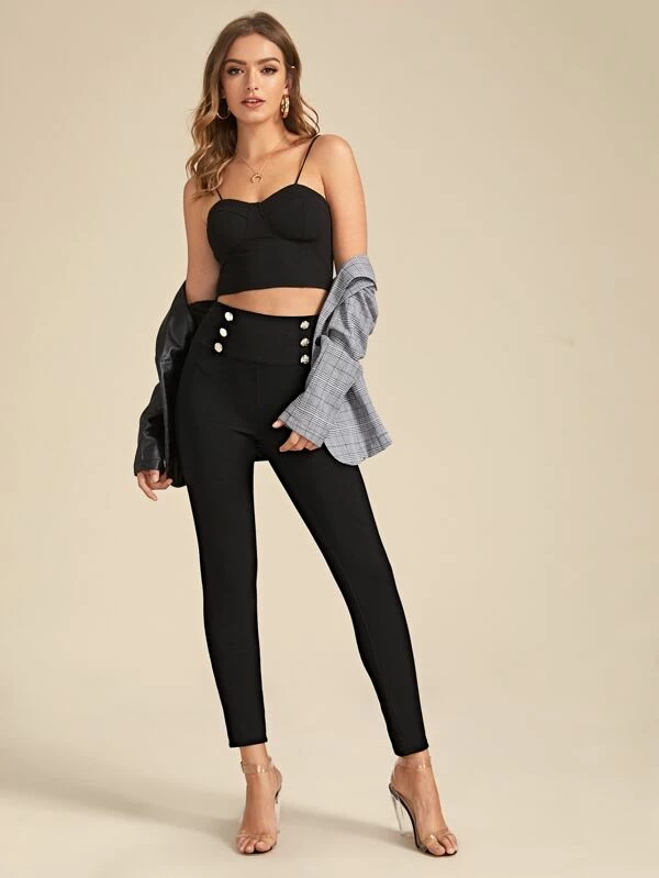 Wide Waistband Double Button Skinny Pants