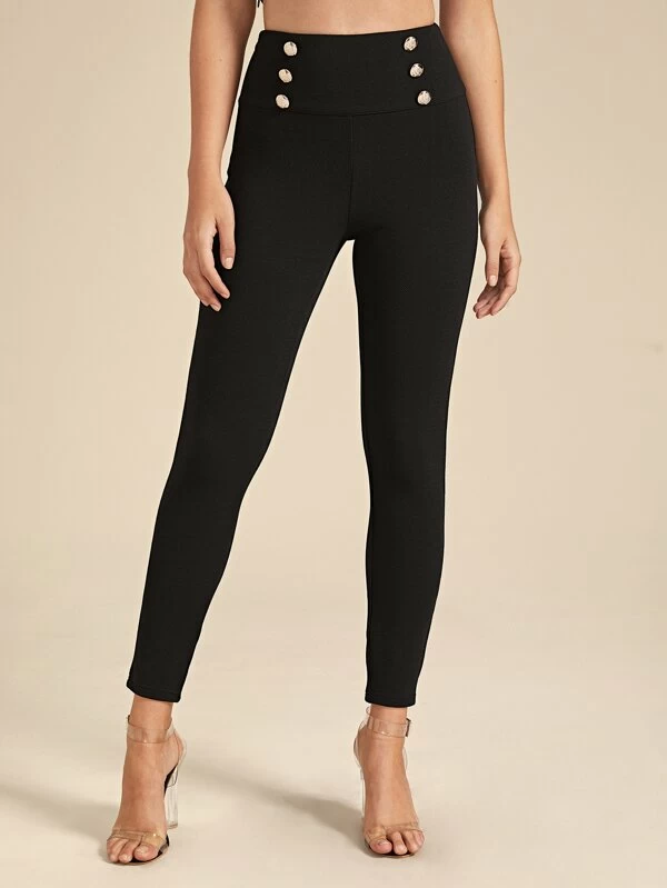 Wide Waistband Double Button Skinny Pants