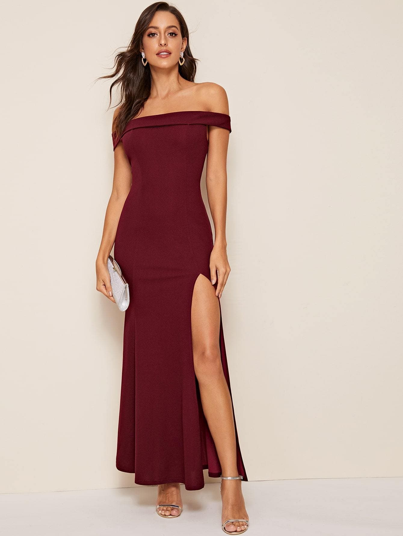 Burgundy Slim Fit Foldover Off Shoulder High Split Dress