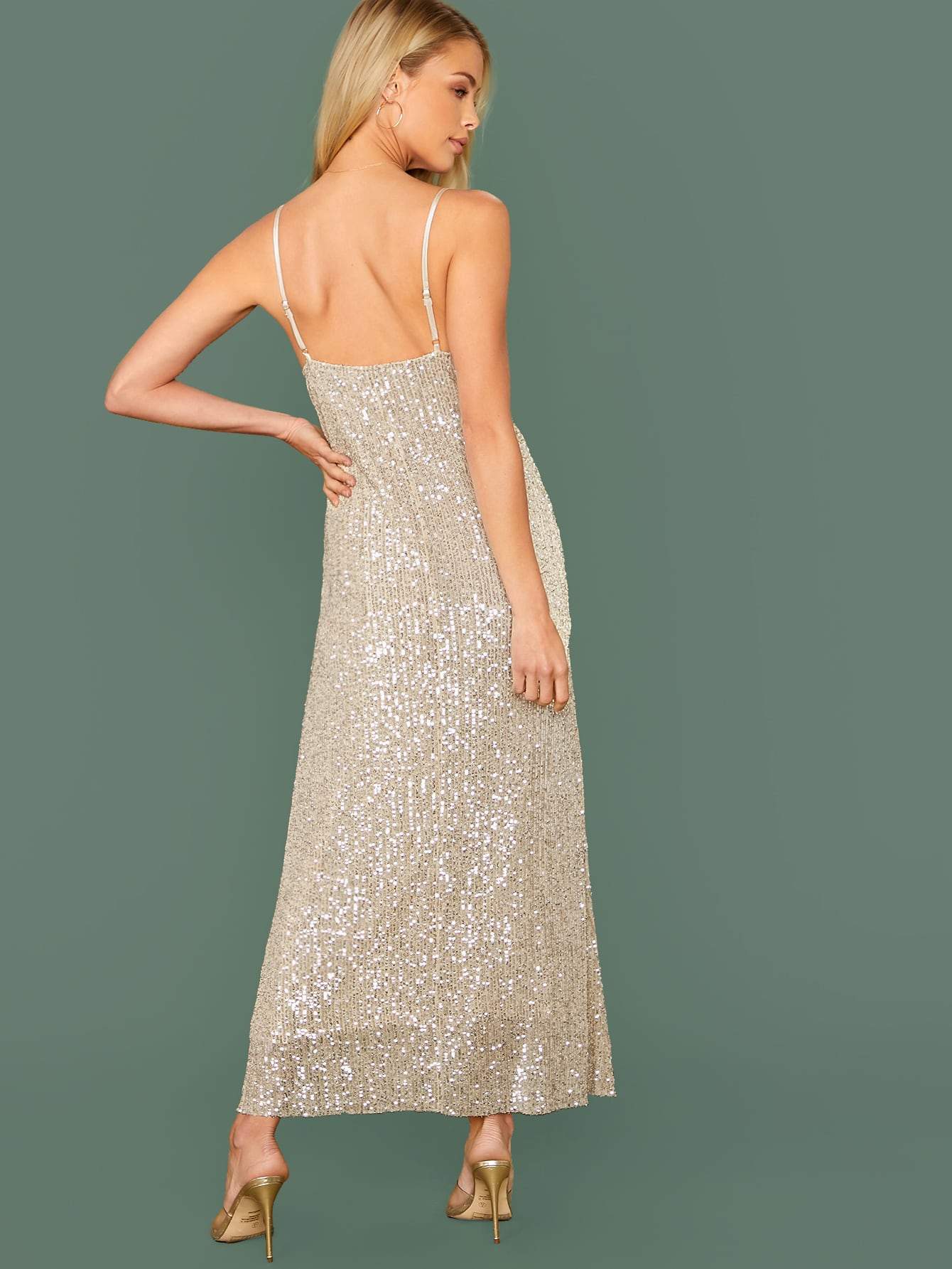 Sleeveless V-Neck Spaghetti Strap Sequin Gown