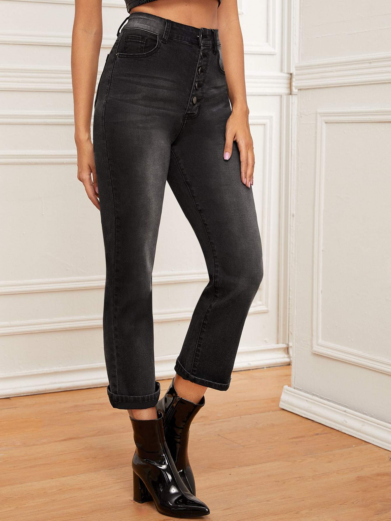 Grey High Waist Button Fly Cropped Jeans
